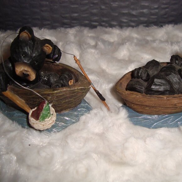 Hand Carved Look 2 Black Bear Fishing Figurines - Picture 2 of 7